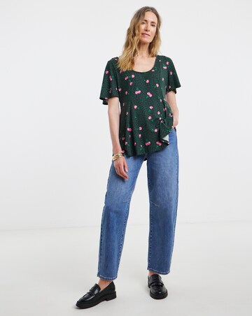 Floral Printed Scoop Neck Angel Sleeve Longline Peplum Top