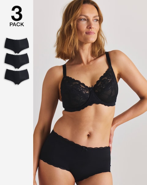 Pretty Secrets (3 Pack) Rib Microfibre Lace Trim Short Knickers