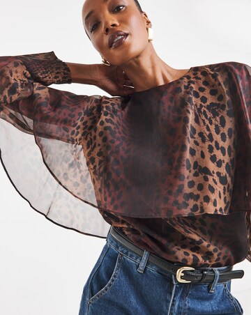 Leopard Print Cape Detail Chiffon Blouse