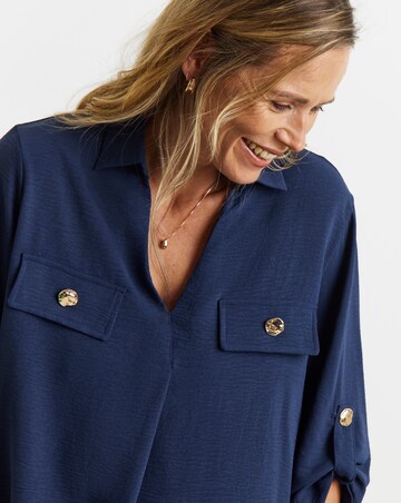Navy Utility Button Detail Collar Popover Top