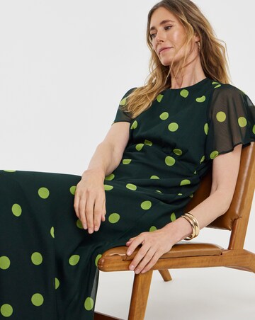 Green Spot Print Crinkle Georgette Midi Tea Dress