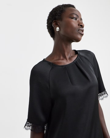 Black Satin Lace Trim Asymmetric Top Co Ord