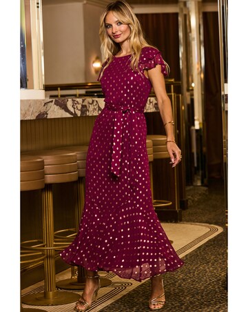 Sosandar Metallic Spot Frill Sleeve Godets Insert Midaxi Dress