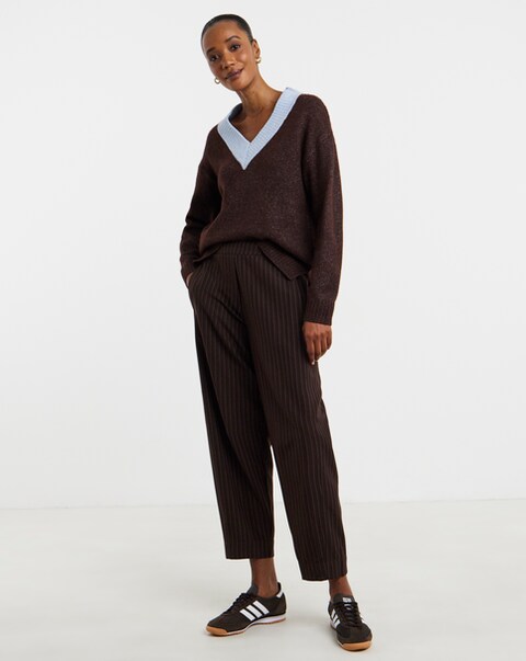 Chocolate Pinstripe Barrel Leg Trousers