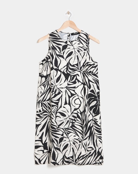 Sleeveless Shift Dress - Black Leaf Print