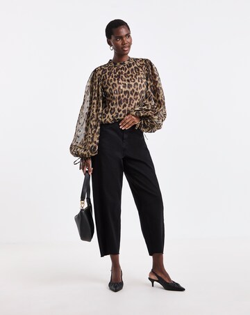 Leopard Foil Print High Neck Exaggerated Sleeve Blouse