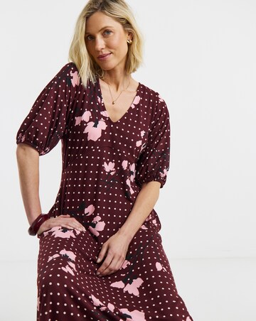Burgundy Floral Puff Sleeve Jersey Tea Dress