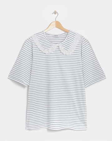 Pure Cotton Stripe Crew Neck Lace Collar Top