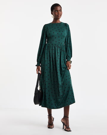 Green Spot Soft Touch Shirred Cuff Midi Dress