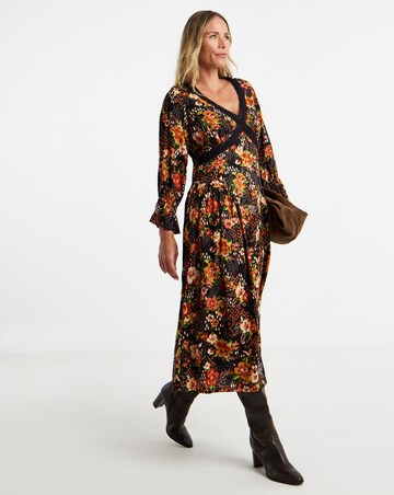 Printed Lace Trim Seam Detail Midi Dress