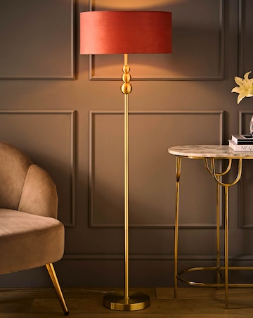 ValueLights Marissa Brushed Gold Floor Lamp with Pink Velvet Squat Drum Shade
