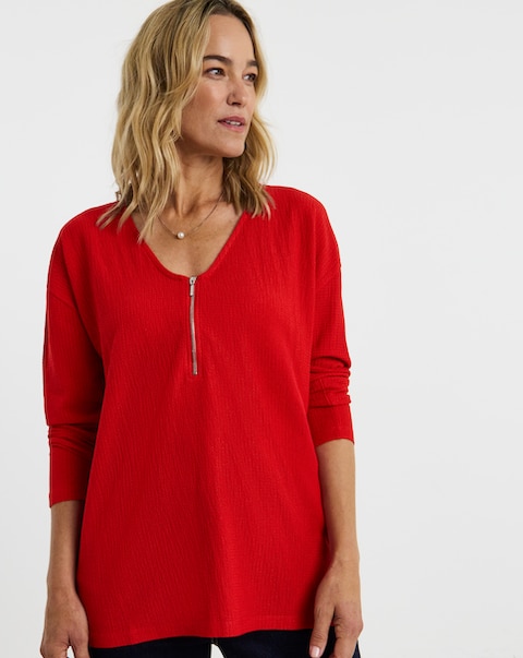 Red Longline Zip Front Long Sleeve Top