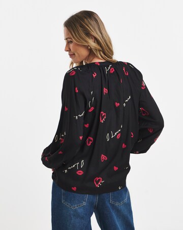 Multi Print Collarless Button Through Blouse