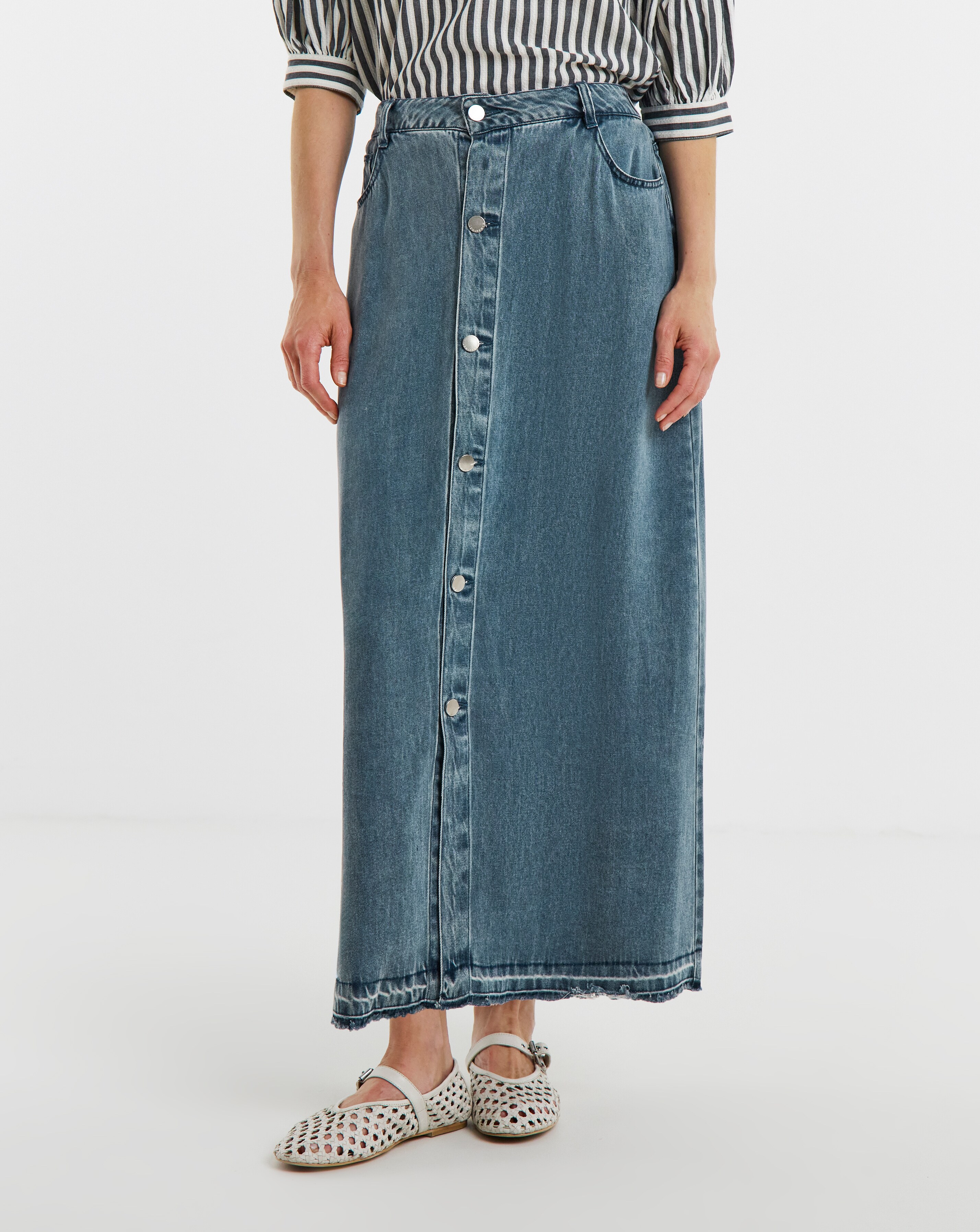 Button Front Midi Denim Skirt with Tencel™ Lyocell | Ambrose Wilson