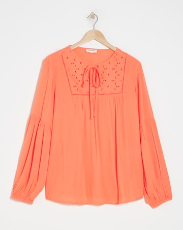 Textured Crinkle Broderie Yoke Trim Blouson Sleeve Blouse