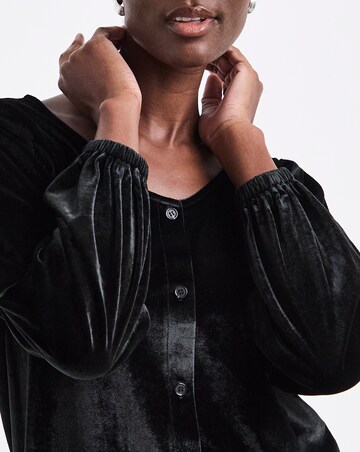 Black Velvet Button Front Long Sleeve Top