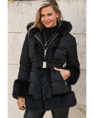 Sosandar Short Padded Coat with Faux Fur