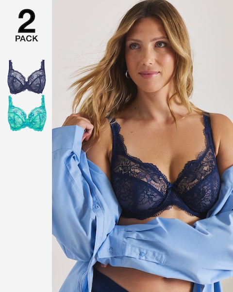 Pretty Secrets (2 Pack) Ella Lace Full Cup Wired Bras (B-H) Aqua/Blue