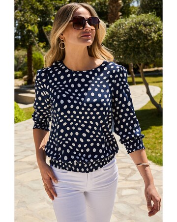 Sosandar Navy Spot Shirred Hem Top