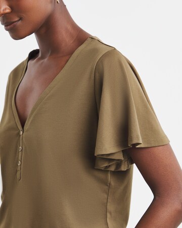 Khaki Button Front Frill Sleeve Top