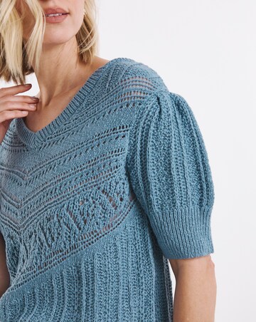 Blue Crochet V Neck Short Sleeve Jumper