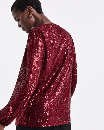 Burgundy Sequin Long Sleeve Button Through