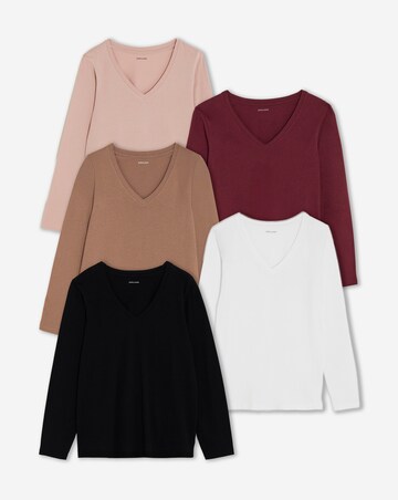 Black, White, Burgundy, Mocha, Blush 5 Pack V-Neck Long Sleeve T-Shirt