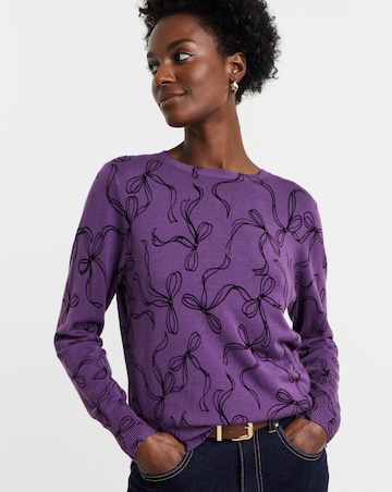 Ribbon Print Fine Knit Crew Neck Jumper
