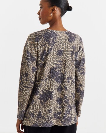 Leopard Floral Print Zip Front Long Sleeve Longline Top