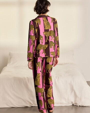 Chelsea Peers Classic Cotton Long Sleeve Button Up Stripe Leopard Pyjama Set