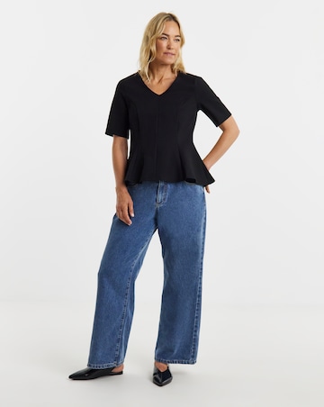 Black V-Neck Peplum Short Sleeve Top
