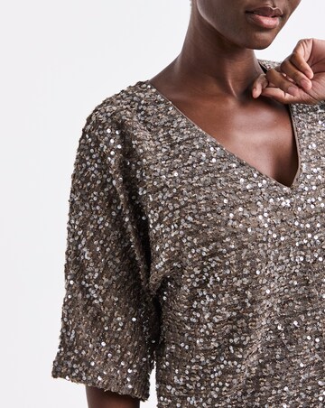 Mocha Sequin V-Neck Angel Sleeve Top