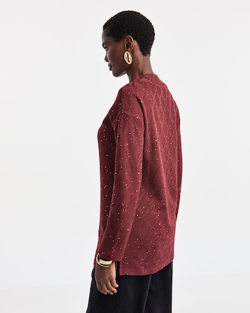 Burgundy Glitter Textured Long Sleeve V-Neck Top