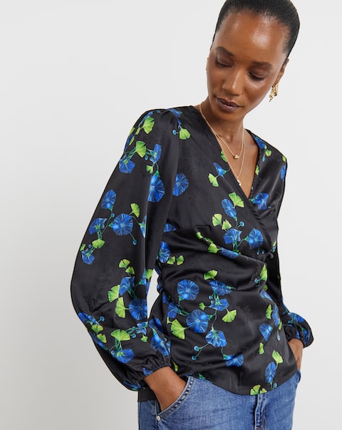 Joanna Hope Floral Satin Wrap Blouse