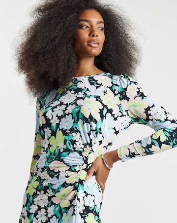 Floral Print Ruched Front Midi Dress
