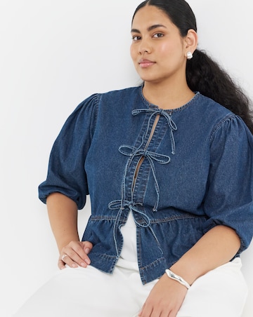 Simply Be Dark Blue Tie Front Denim Peplum Blouse