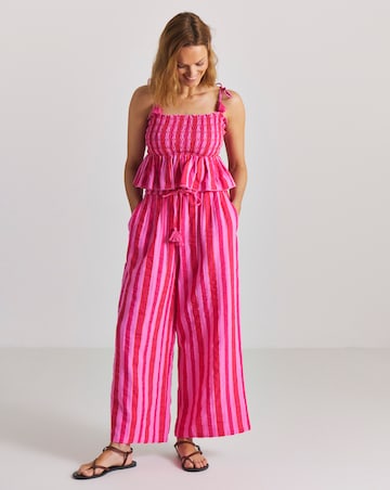 Pink Stripe Shirred Beach Top and Trouser Co-Ord Set