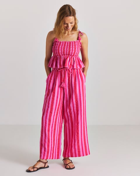 Pink Stripe Cotton Shirred Beach Top and Trouser Co-Ord Set
