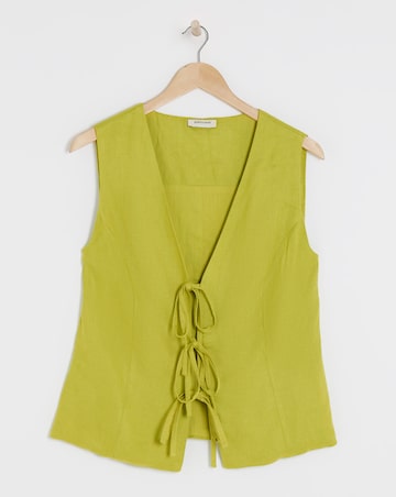 Green Tie Front Linen Mix Waistcoat