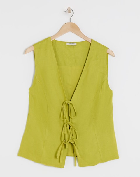 Green Tie Front Linen Mix Waistcoat