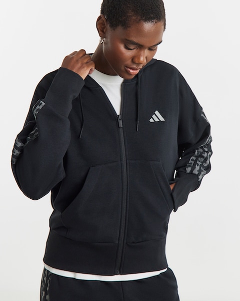 adidas 3 Stripe Leopard Print Full Zip Hoodie