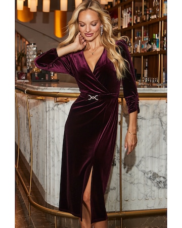 Sosandar Velvet Gold Trim Belt Midi Dress