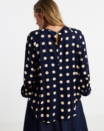 Navy Spot Long Sleeve Shirred Cuff Top