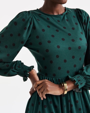 Green Spot Soft Touch Shirred Cuff Midi Dress