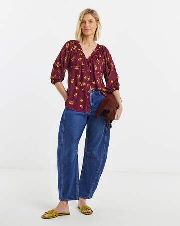 Black Floral Collarless Button Through Blouse