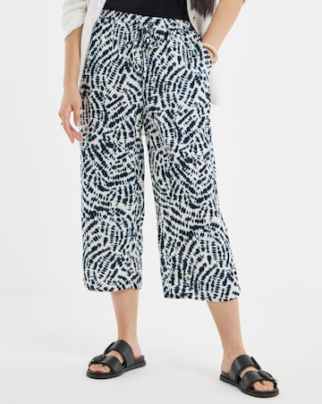 Navy Print Linen Mix Cropped Wide Leg Culottes