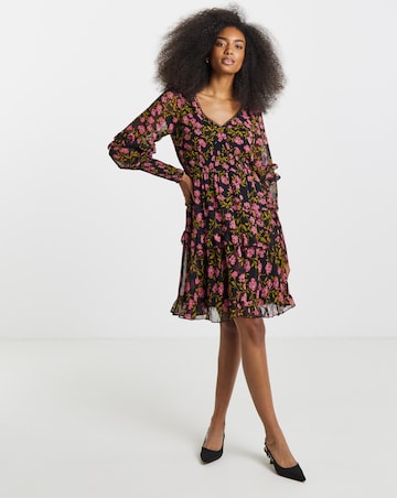 Black Floral Shirred Cuff Sleeve Skater Dress
