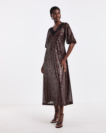 Chocolate Sequin Lace Trim Dress