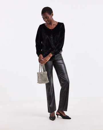Black Velvet Button Front Long Sleeve Top