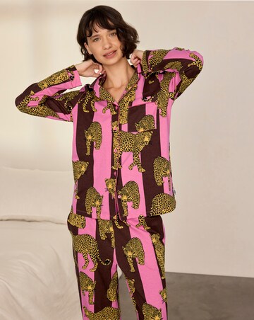 Chelsea Peers Classic Cotton Long Sleeve Button Up Stripe Leopard Pyjama Set